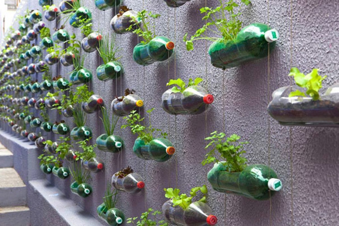 bricoler avec des bouteilles en plastique, décoration murale, mur, décoration de jardin, pots de fleurs suspendus