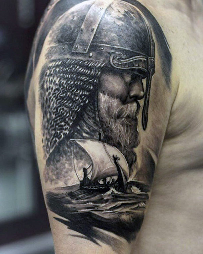 viking tatuointi, pää, taistelija, viking, kypärä, laiva
