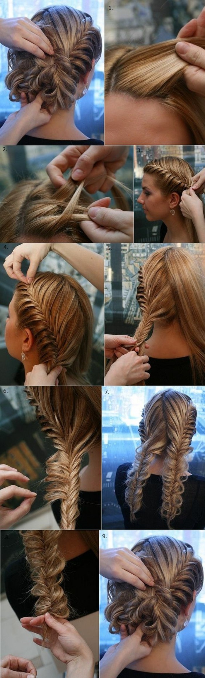 10-updo frizura-priručnik-plava-dugo-kosa-DIY-kosa-pletenice-tie-žena naušnice