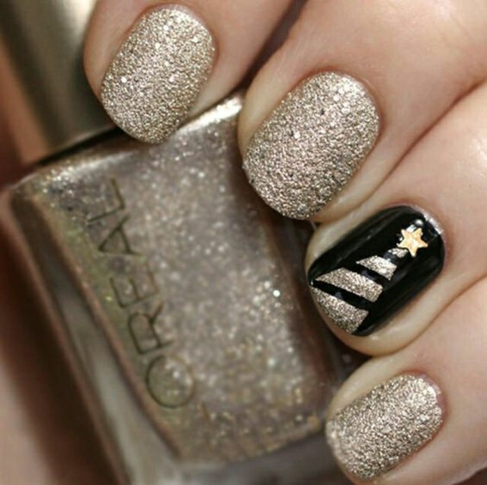 12 Marca de diseño-invierno-negro-esmalte de uñas de oro-Navidad-estrella