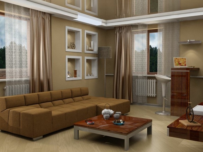 1wanddekowohnzimmer الحديثة، أريكة طويلة الستار البيج والبني