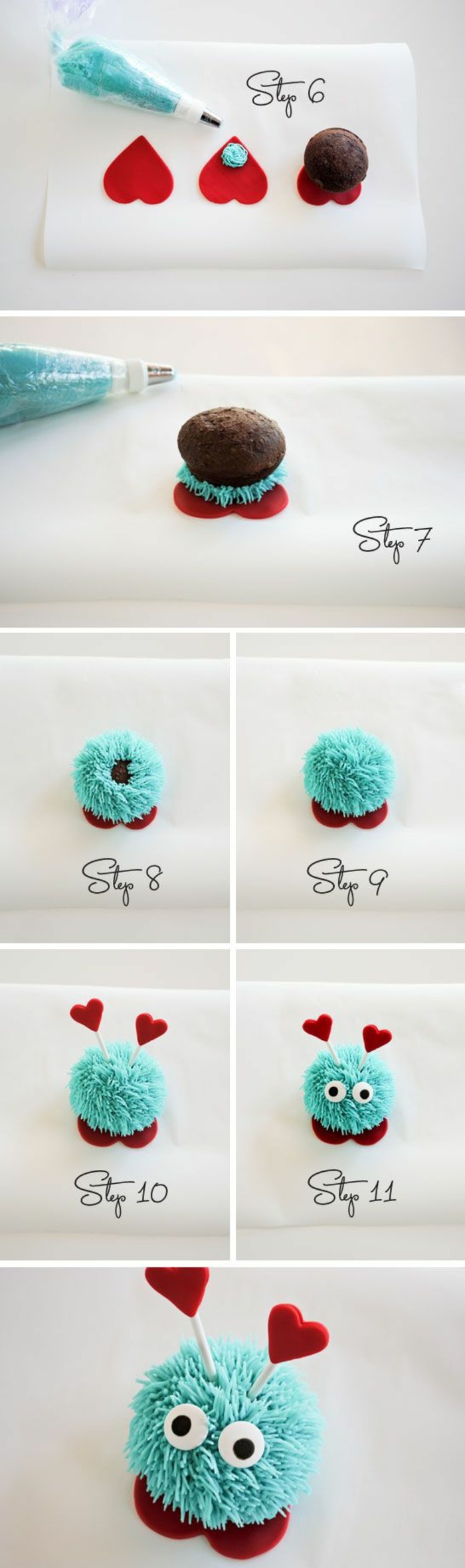 cupcakes decorar con crema azul y pequeños corazones