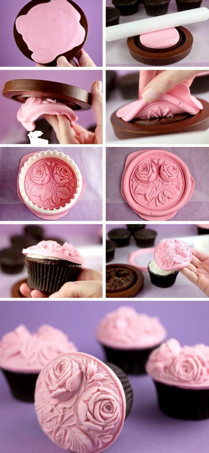 cupcakes decorar con fondant rosa, forma redonda