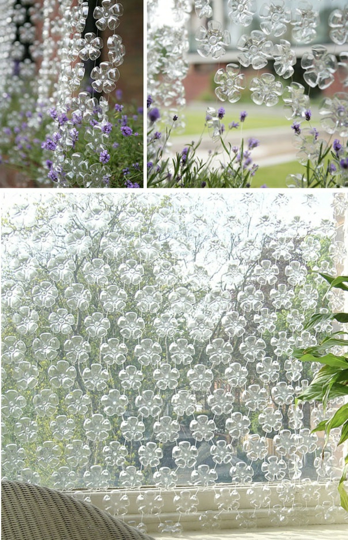 manualidades con botellas de plástico, flores, gardine diy hecho de vidrio, decoración de ventanas