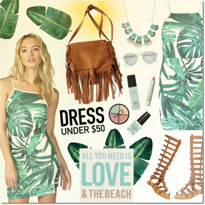 Модни дамски момичета, рокля със зелени листа за печат, римски сандали в кафява, велурена чанта за жени