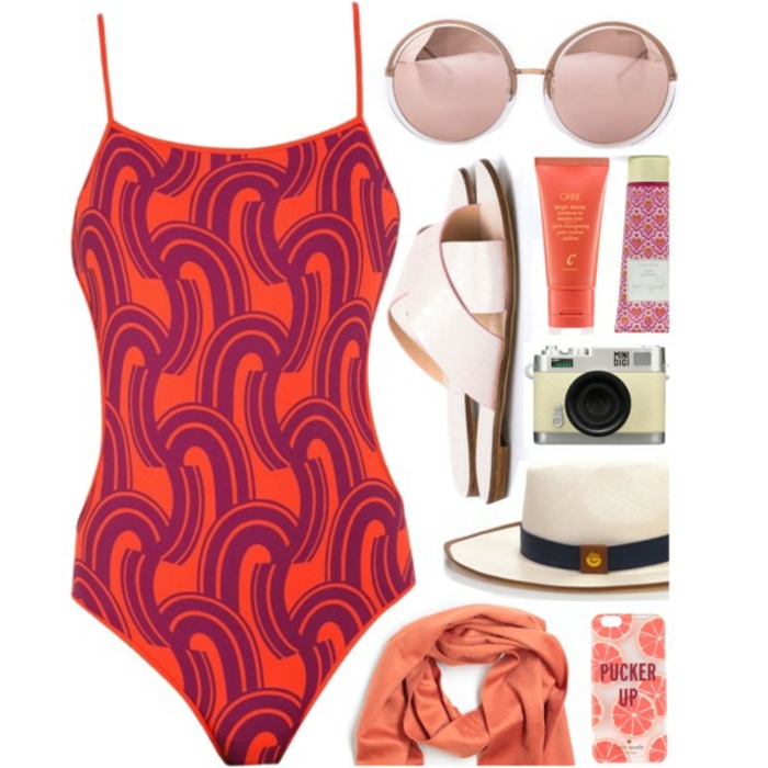 костюм за бански, модни дамски плажове, бански с печат, кръгли розови слънчеви очила, козметика