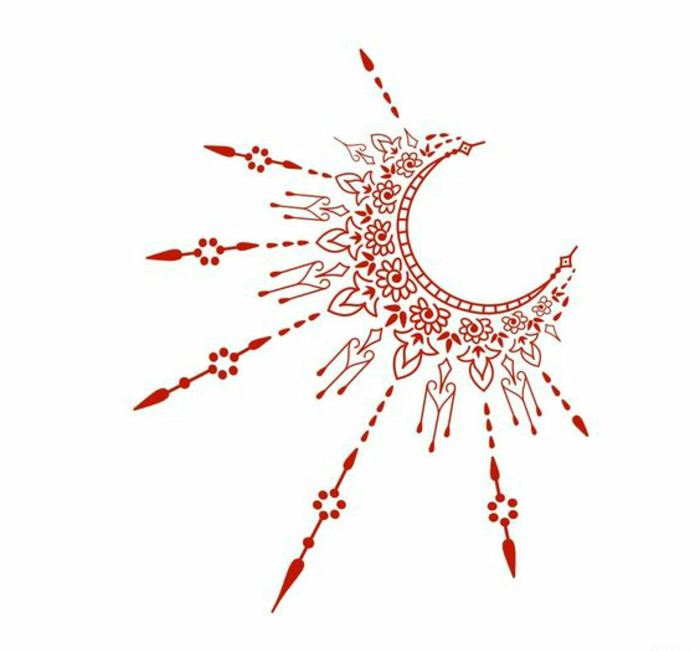 Хена татуировка модел в червено, половин луна, слънчеви лъчи, точки, остри фигури, растения мотиви