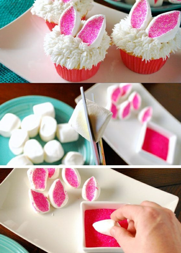 los cupcakes decoran con crema blanca y orejitas de conejito