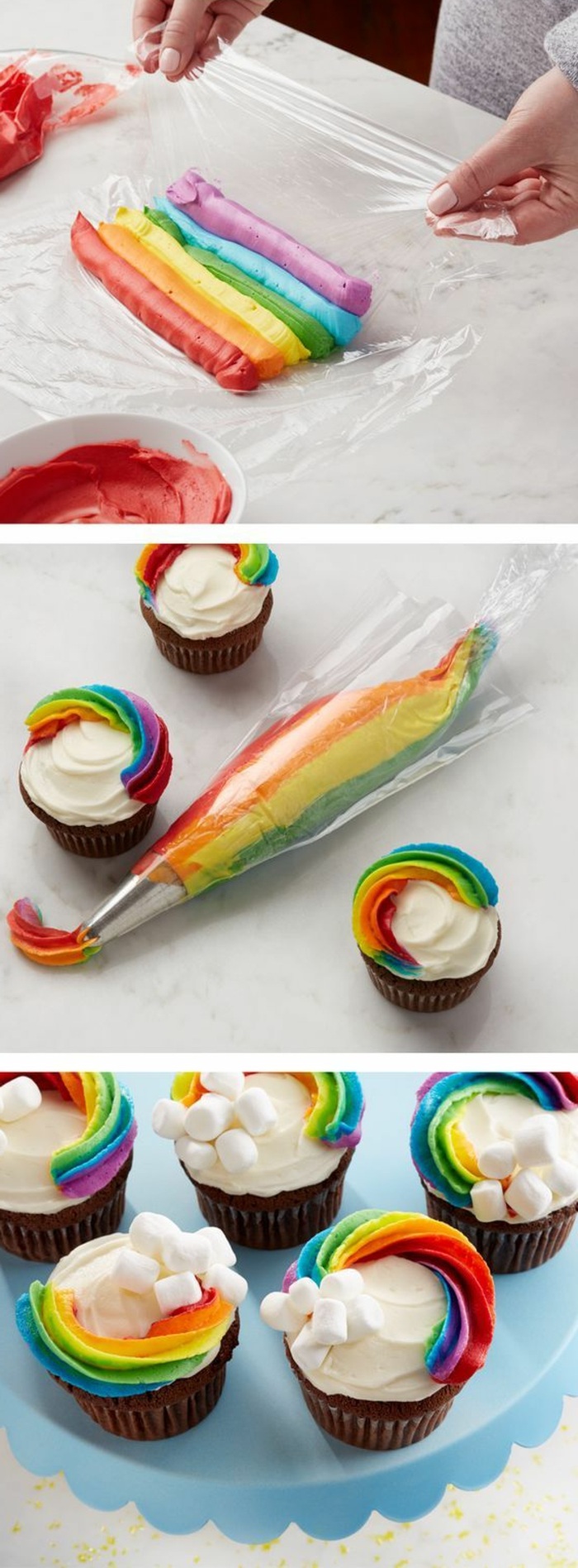 cupcakes díszítik krémmel a szivárvány színeiben