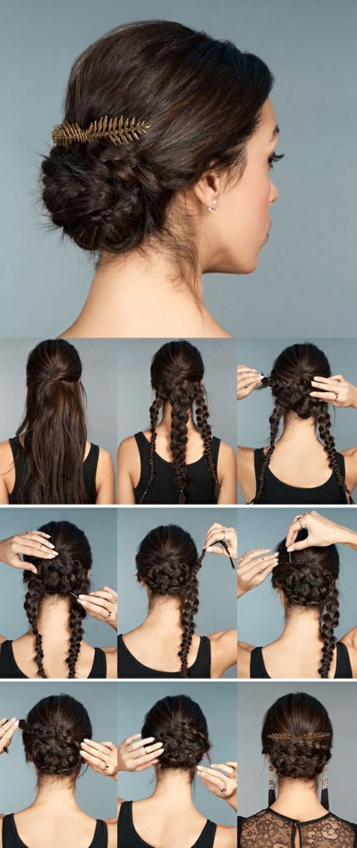 3-updo hairstyles-εγχειρίδιο-σκούρο καφέ-μακράς μαλλιά-κόμμωση-μαύρο-μπλούζα-γυναίκα-πλεξίδες