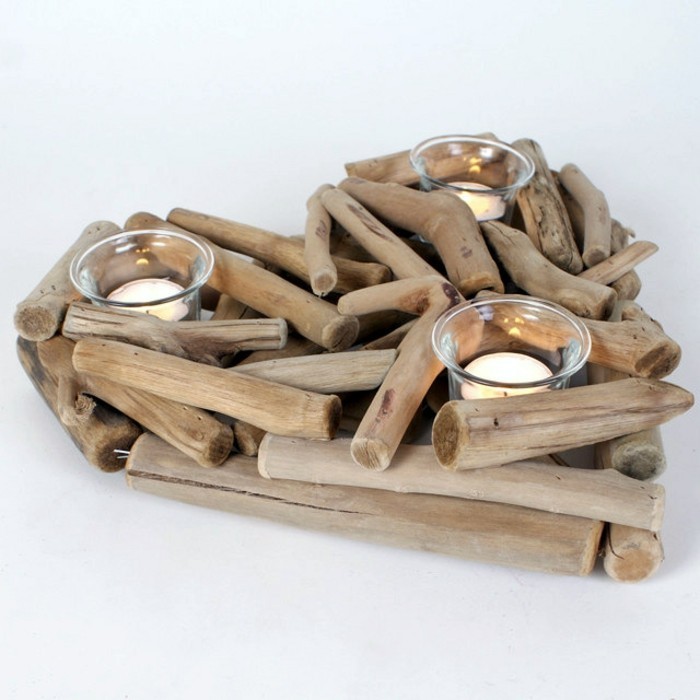 3-madera a la deriva-Tinker-corazón-candelabro-con-tres velas-bricolaje-Tischdeko