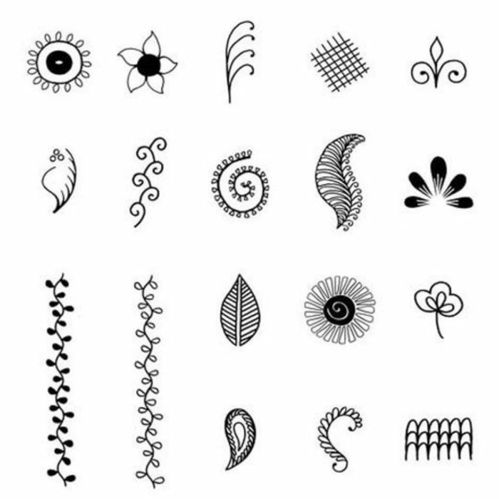 Хена татуировка модел - различни форми, цветя, листа от растения, перо, черен цвят