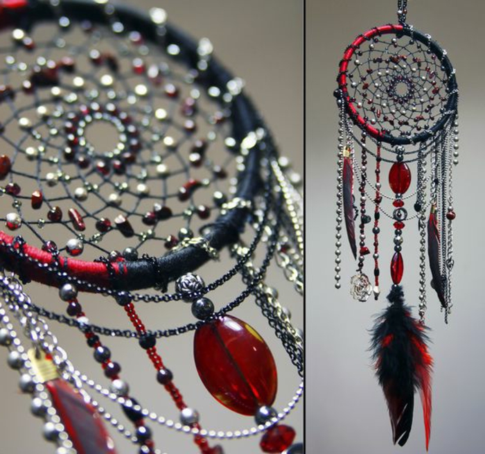 красив модел за мечтател на мечтите в черен и червен цвят с много стъклени мъниста и сребърни накити