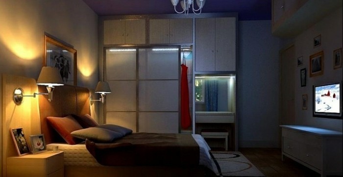 3d interijer-najmoderniji-spavaća soba-svjetlo-u-the-ogledalo-ogledalo svjetlo spiegelmitminiledlicht