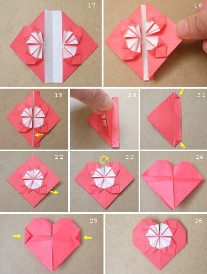 3origami-szív rózsaszín origami szív-összecsukható technika-papír, origami hajtogatás utasítást