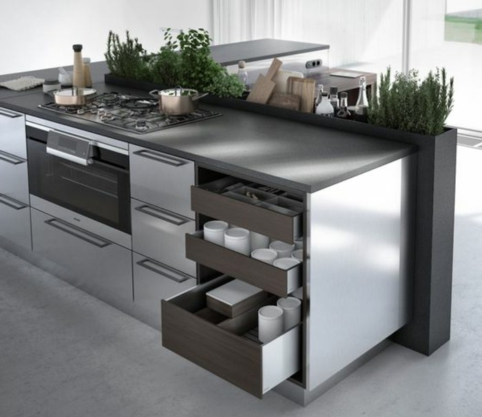 4-cocina-decorar-cocina isla-en-negro-y-plata-moderno-verde-planta-window-horno