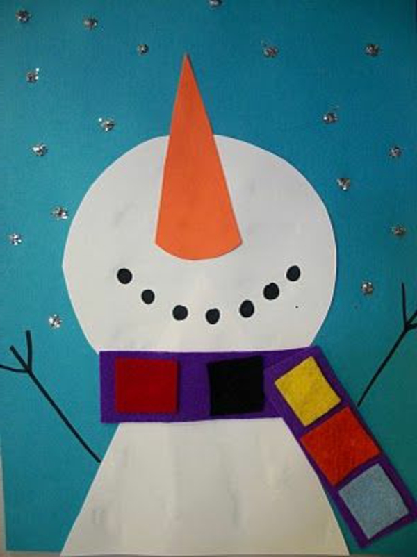 ideas de manualidades para jardín de infantes - muñeco de nieve de papel - fondo en color azul