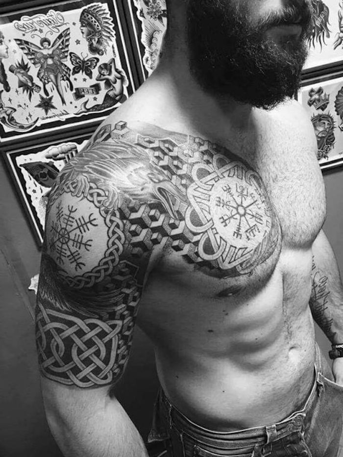 viking tatuointi, rinta, kyynärvarsi, tatuointi, pitkäkarvainen mies