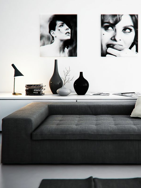Postavljena dnevna soba - fotografija u bijeloj i crnoj boji