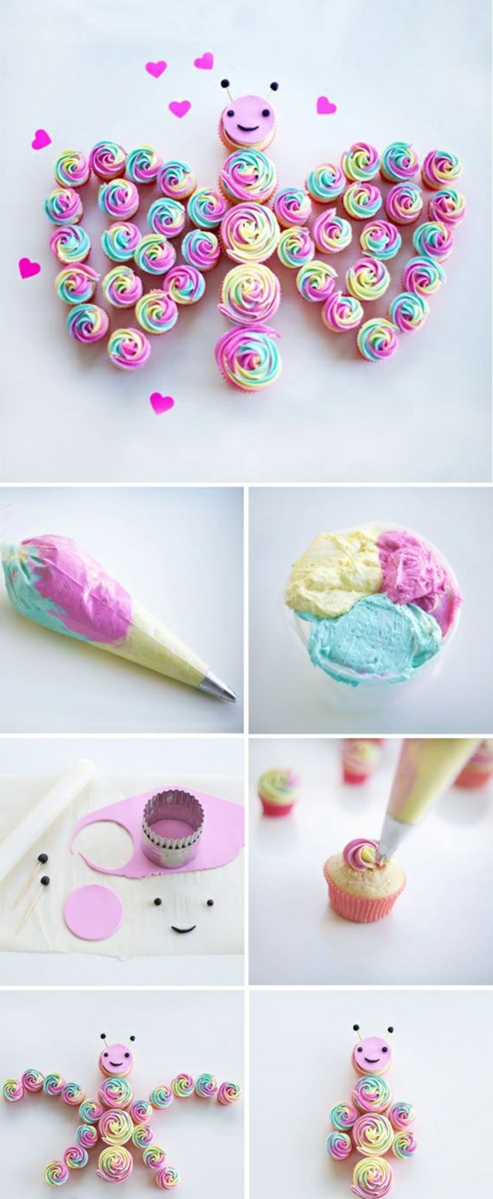 Cupcakes díszíteni különböző színű krémmel, pillangó