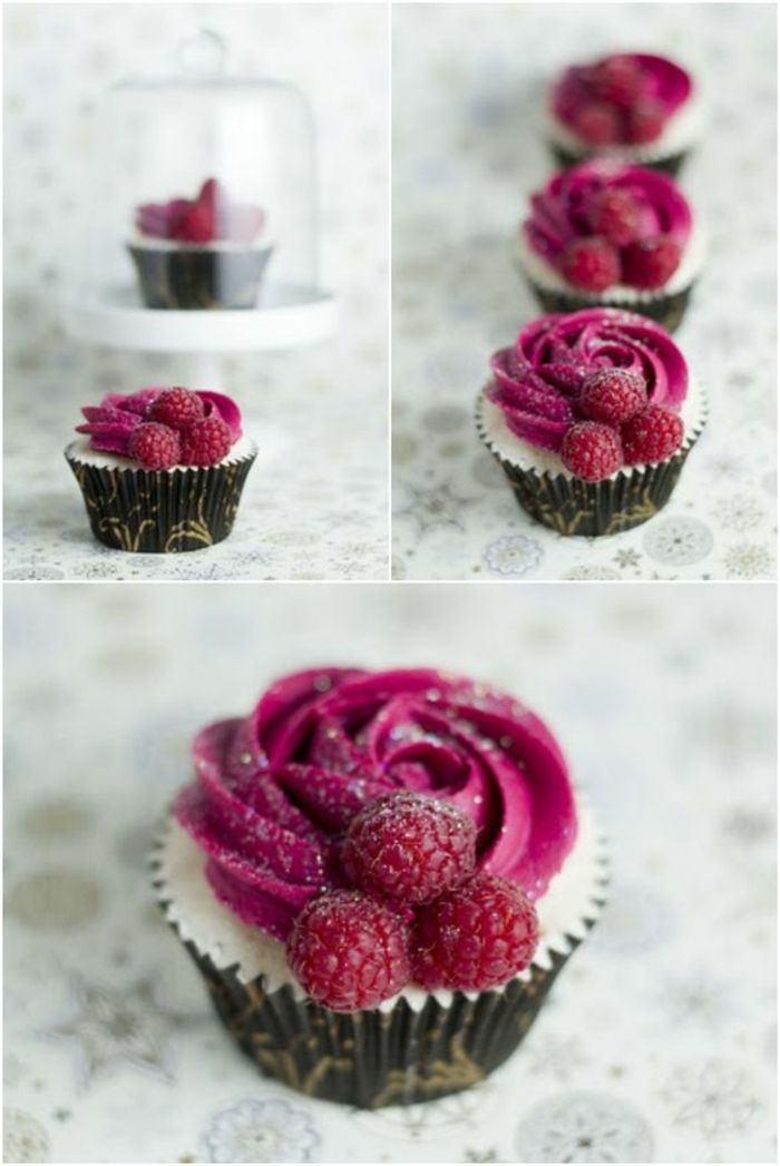 decorar cupcakes con crema rosa y frambuesas