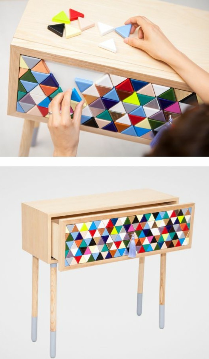 7-bricolaje muebles creativo-Wohnideen pequeñas-mueble de madera con de mosaico