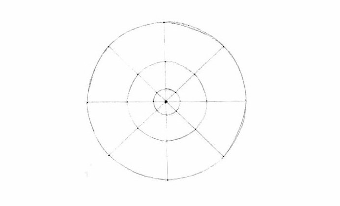 Mandala festék, alapvonalak, három különböző méretű kör, egyenes vonalak, pontok