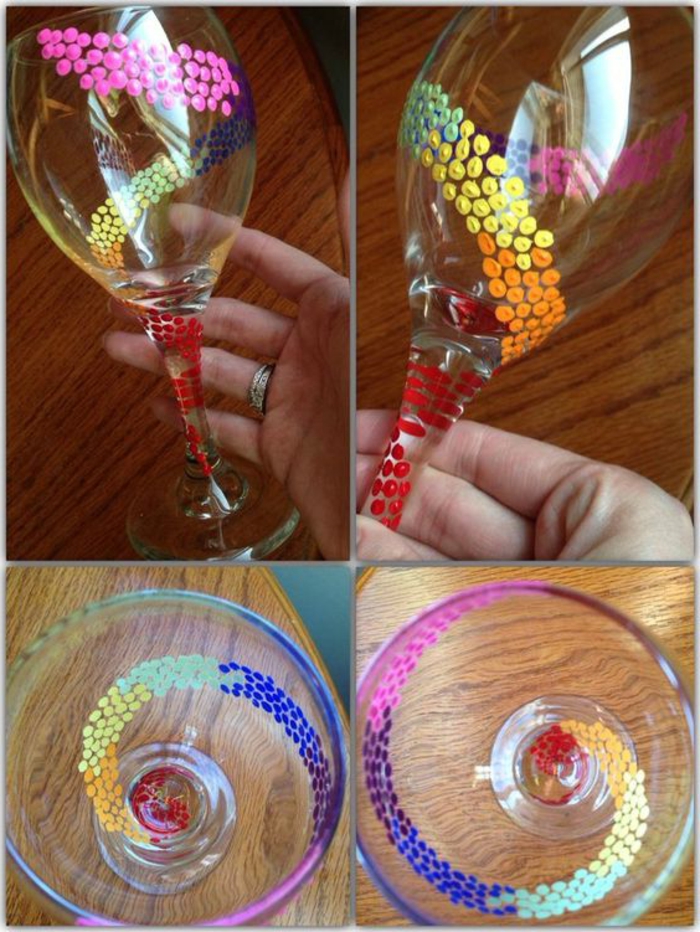 ukrašavanje vinskim čašama, ukrašavanje vinskog stakla, ukrašavanje šarenih boja, točkice