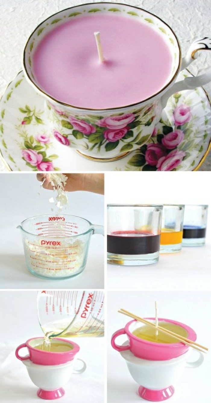 készíts gyertyákat - rózsaszín gyertyát teáscsészében