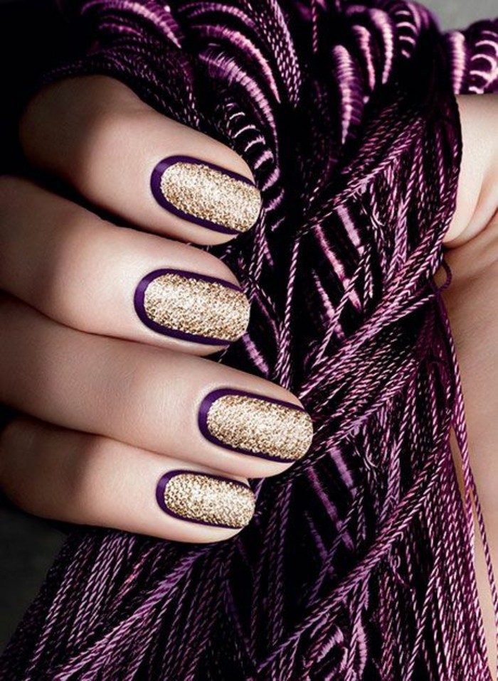 9 uña manicura diseño-eve-brillante-dorado y púrpura-uñas