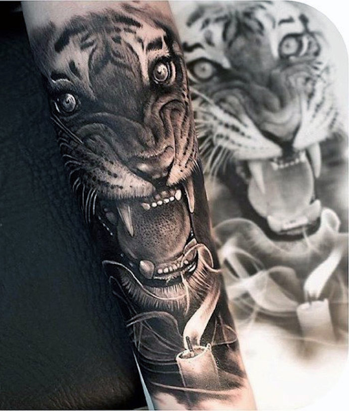 tiger pää tatuointi, mustavalkoinen piirustus, kynttilä