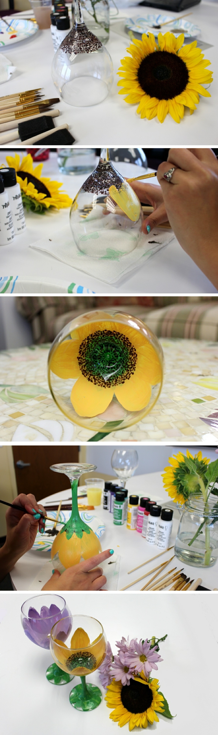 decoración de vidrio de vino, girasol, flor amarilla, pintura, cepillo, vidrios decoran