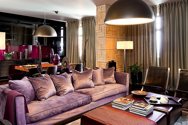 artdeco stílus - elegáns lila kanapé doboz párna a nappaliban