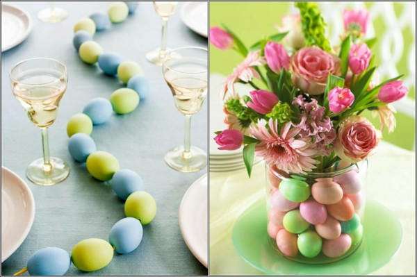 easter-deco asztal virágok-tojás