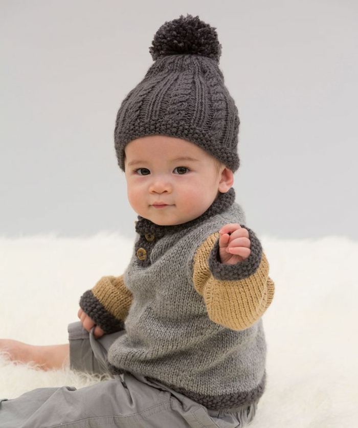 बेबी स्वेटर-बुनाई-नीले और हल्के भूरे रंग