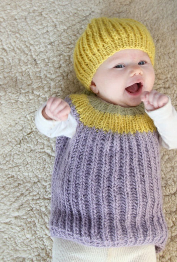 बेबी स्वेटर-बुनाई-नीले और पीले-पीले-कैप AKZENTE