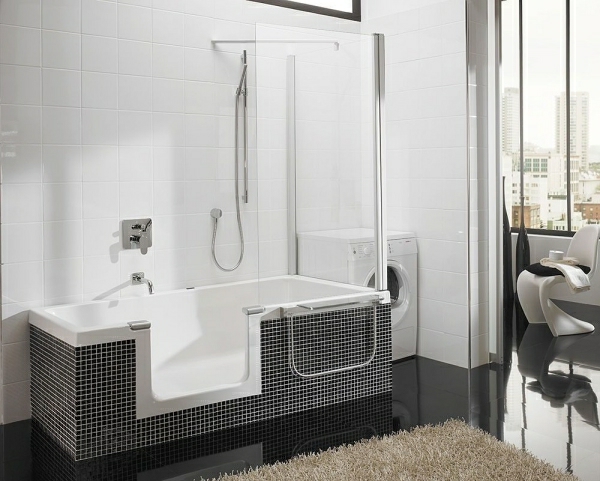 Bain-de-petite salle de bains-walk-in douche noir carreaux