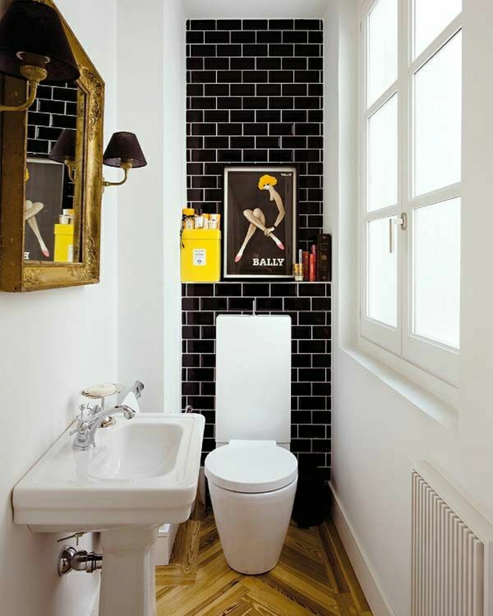 Fürdőszoba díszítő ötletek falfestmény fekete téglafal Yellow Box