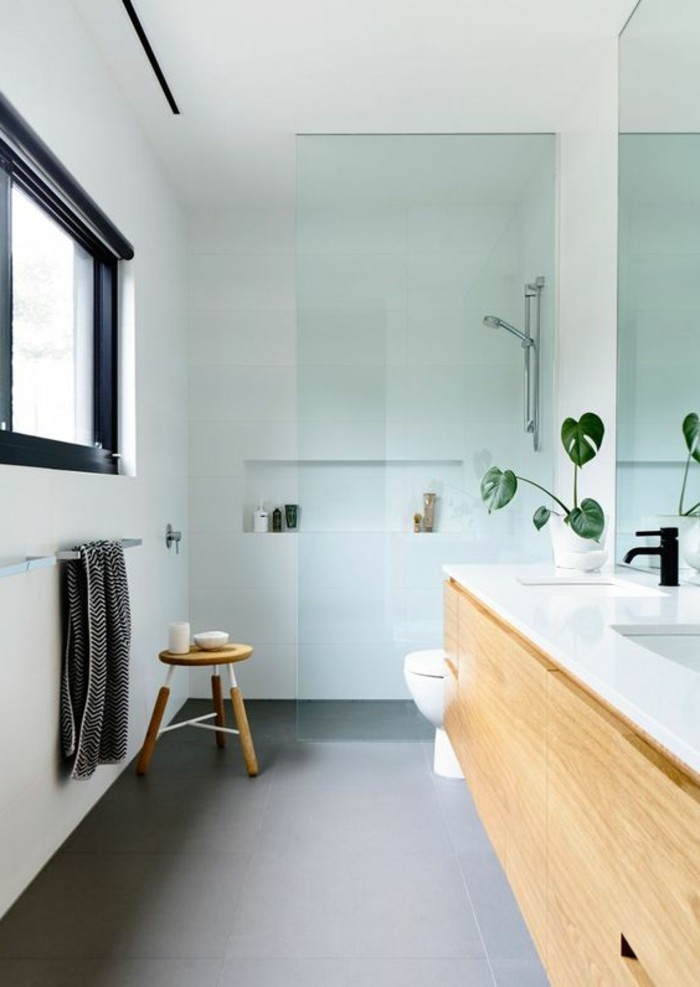 Paredes de baño-sin-azulejos-fugelloses-pequeña-baño con cabina de ducha de vidrio