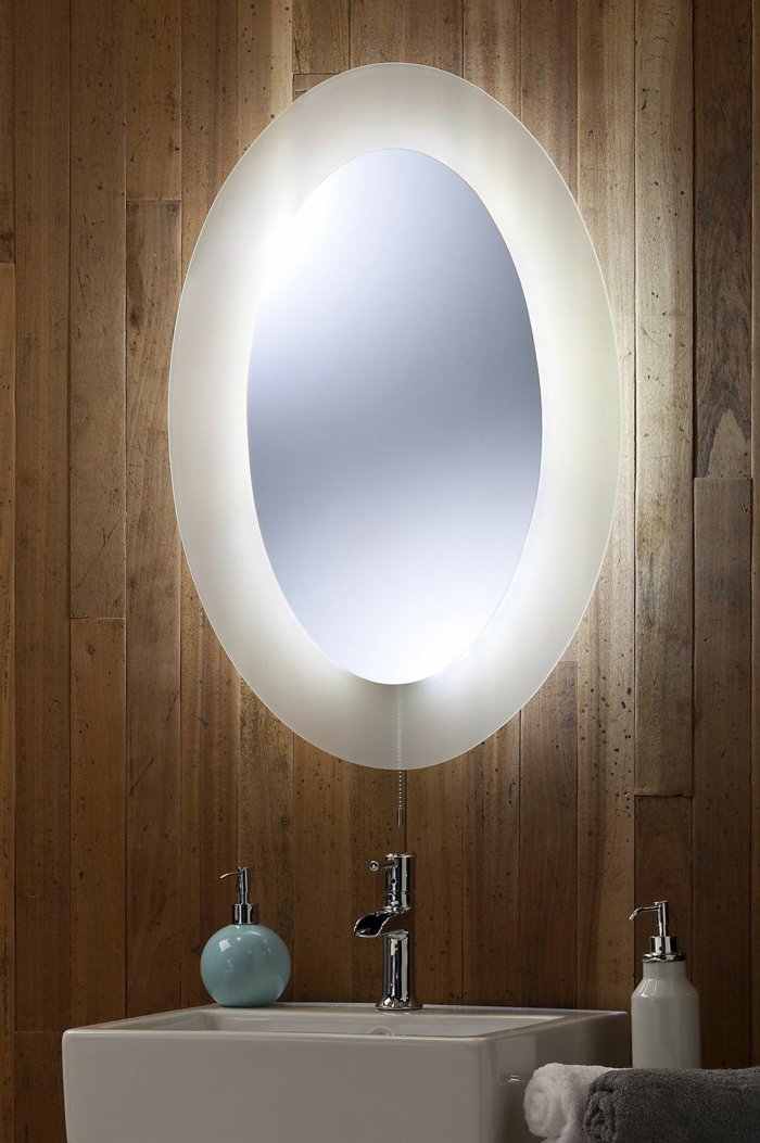 बाथरूम दर्पण-प्रकाश व्यवस्था के साथ अंडाकार ठीक डिजाइन
