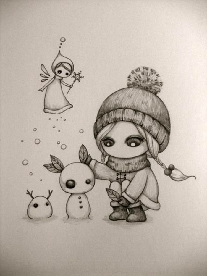 قلم رصاص الرسومات مع فتاة والثلج