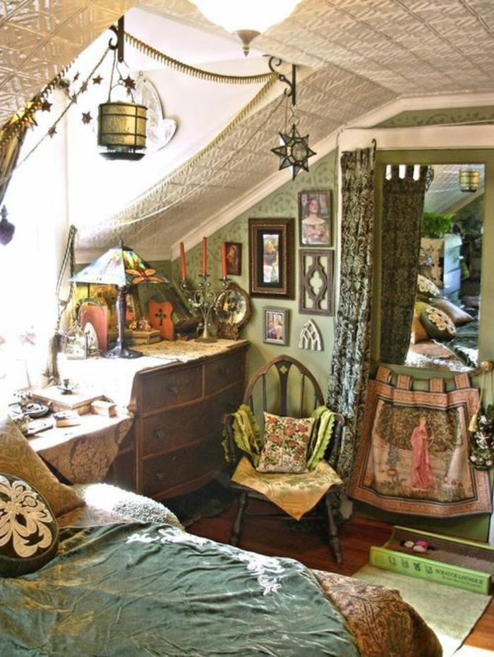 Boho-Antique-spavaća soba-zelene zavjese Satin svjetla