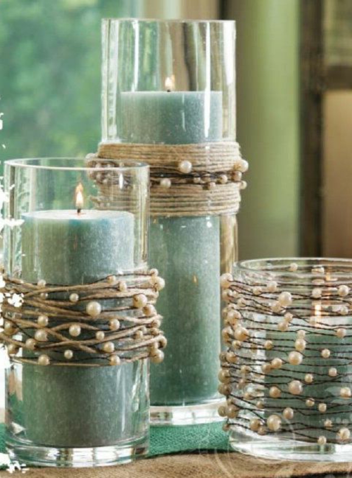 Bricolage bougies déco vert de style rustique perles de cordes