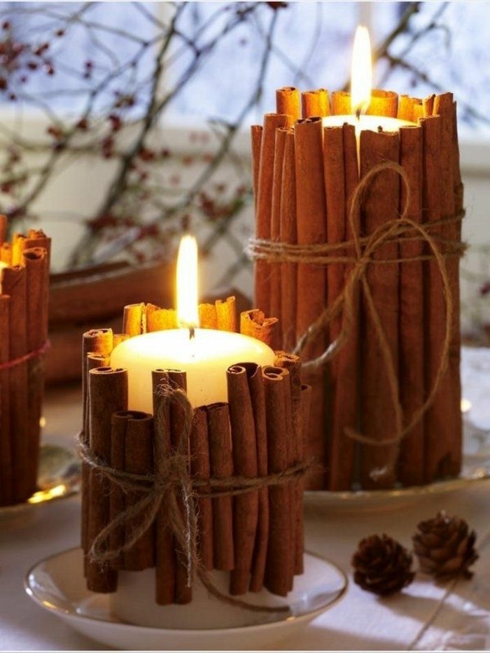 DIY ιδέα Κηροπήγιο από κανέλα καλώδιο κερί-κώνου Χριστουγεννιάτικη διακόσμηση