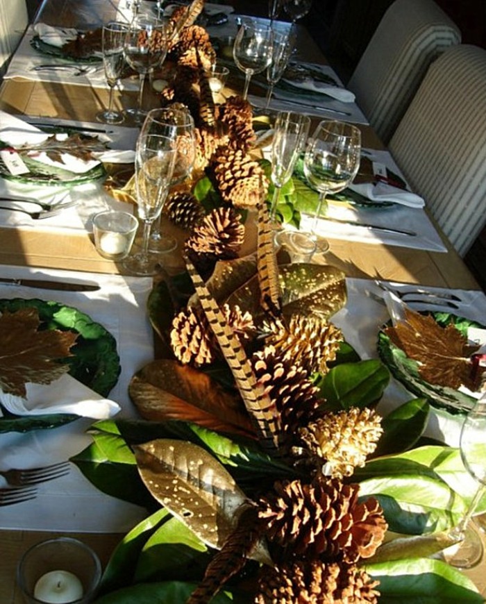 Декоративни борова шишарка-tischdeko-като-от-на-горски-шишарката-пролет-зелени листа и Листа
