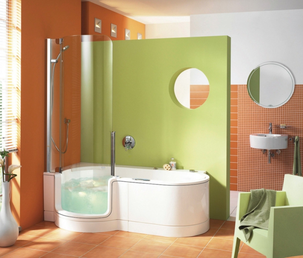 Ducha-bañera-verde pared de color naranja