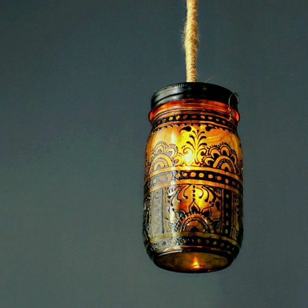 Einweckglas Lantern borostyán színű és fekete henna díszítés