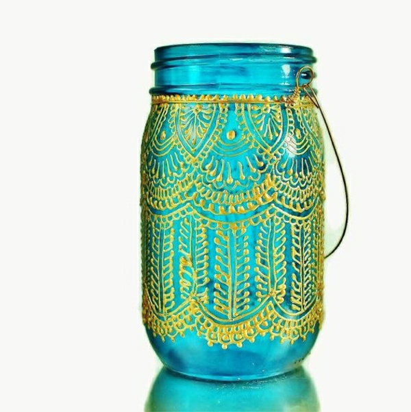 Einweckglas Lantern Blue-kultainen-view yksityiskohtia koristelu marokkolainen tyyli