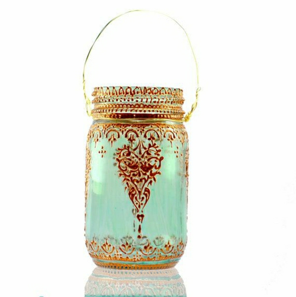 Einweckglas Lantern Marokkó stílus türkiz és arany henna minták