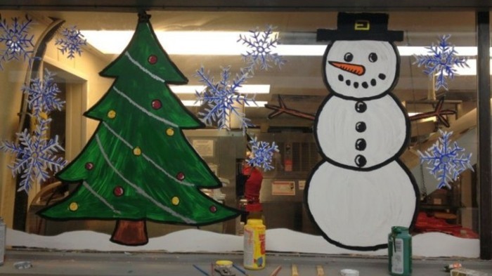 прозорци тапети Коледа-шаблон-снежен човек-и-ела